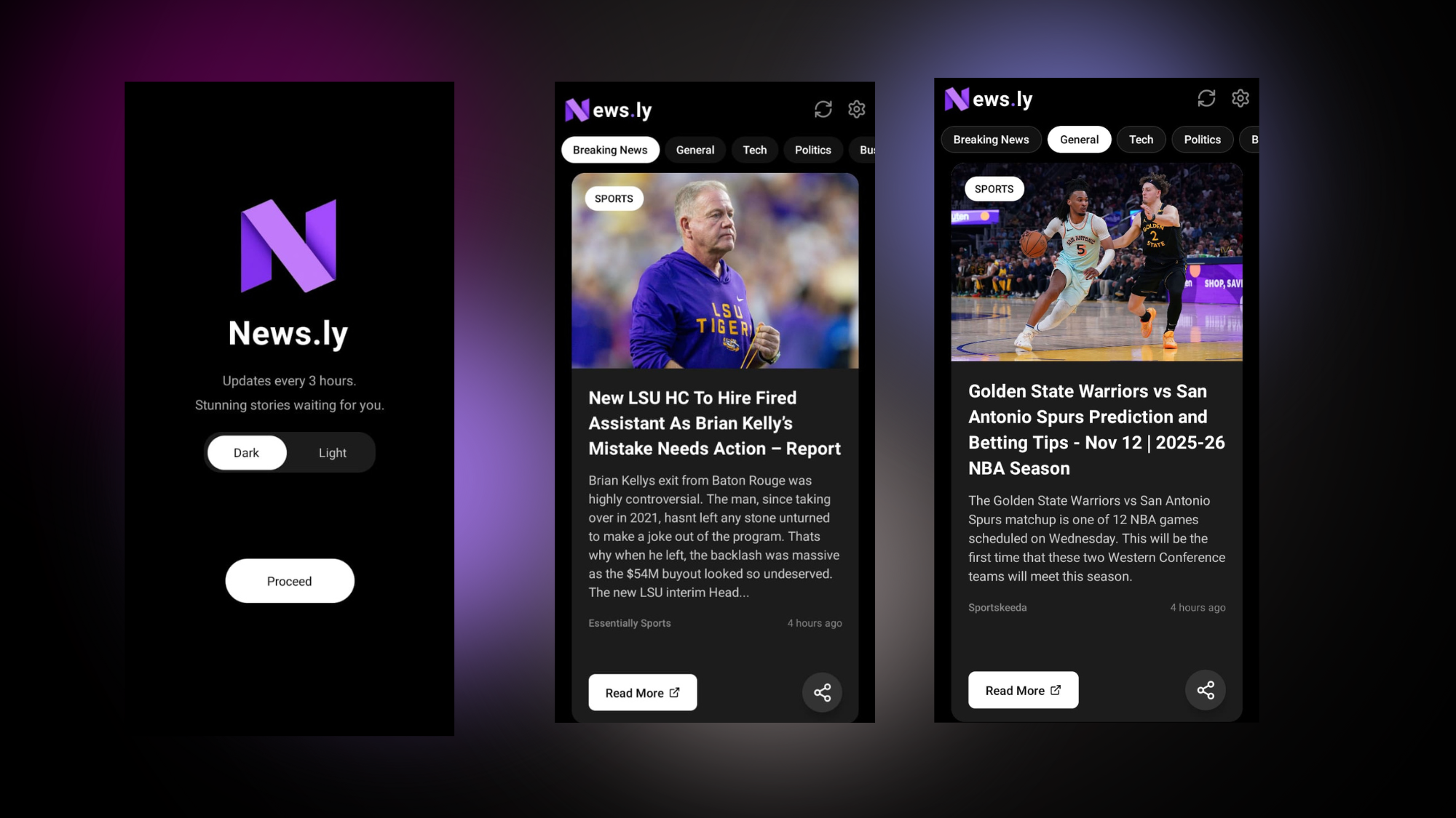 Newsly news aggregation mobile app interface